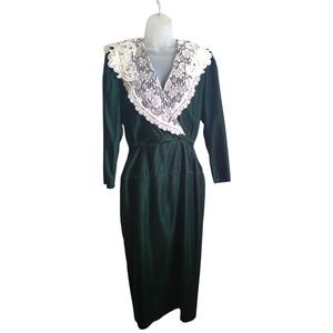 Scott McClintock Green Velvet Maxi Dress‎ Lace Collar Deep Vee Neckline Sz L VTG